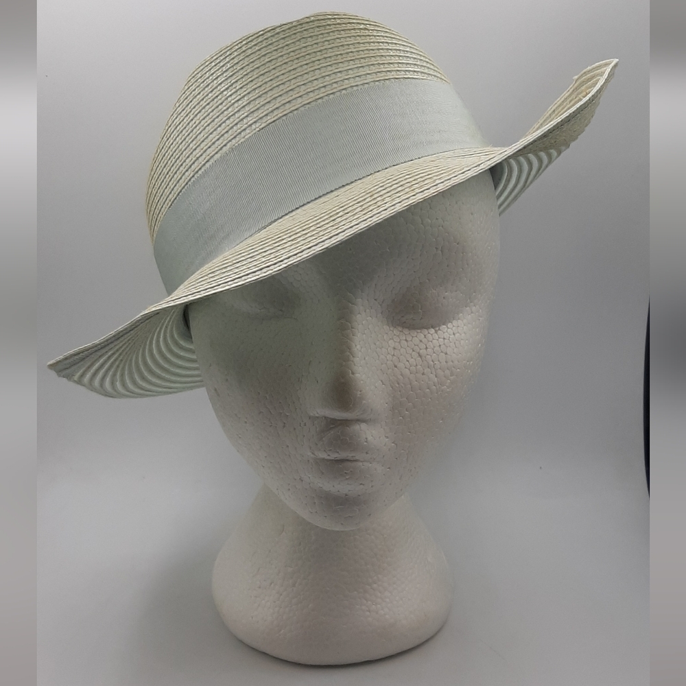 Vintage Women's Blue Straw Hat Made Expressly for Eaton Cross Grain Ribbon